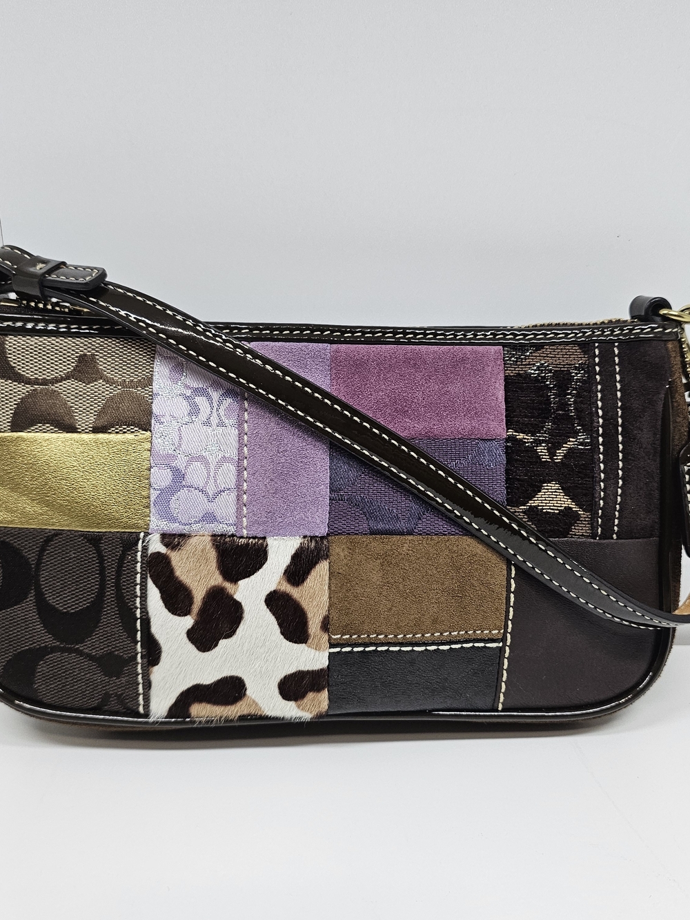 COACH Demi Patchwork Leather & Suede Shoulder Bag in Multi Purple/Brown